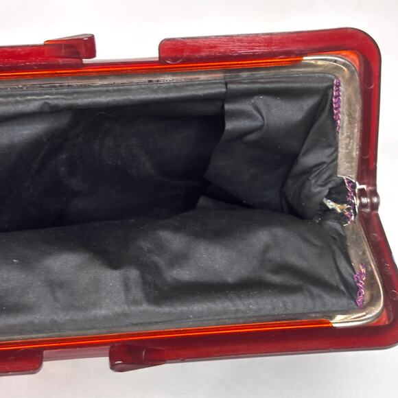 Vintage 1950s Tapestry Clutch Change Purse Kiss Lock Black Floral Lucite AS IS - Picture 11 of 16